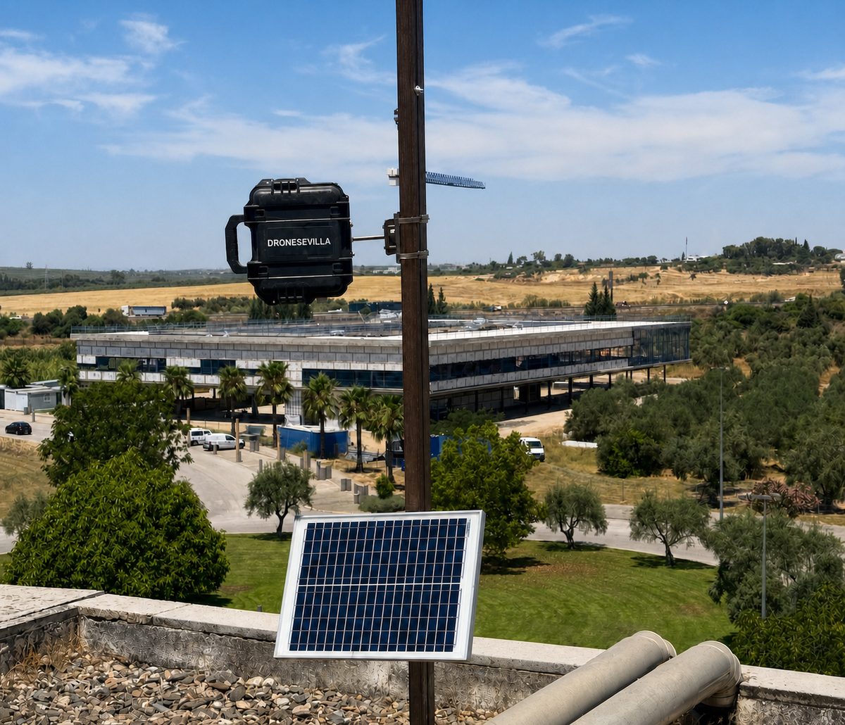 Cámara fija de timelapse de DroneSevilla instalada en una obra